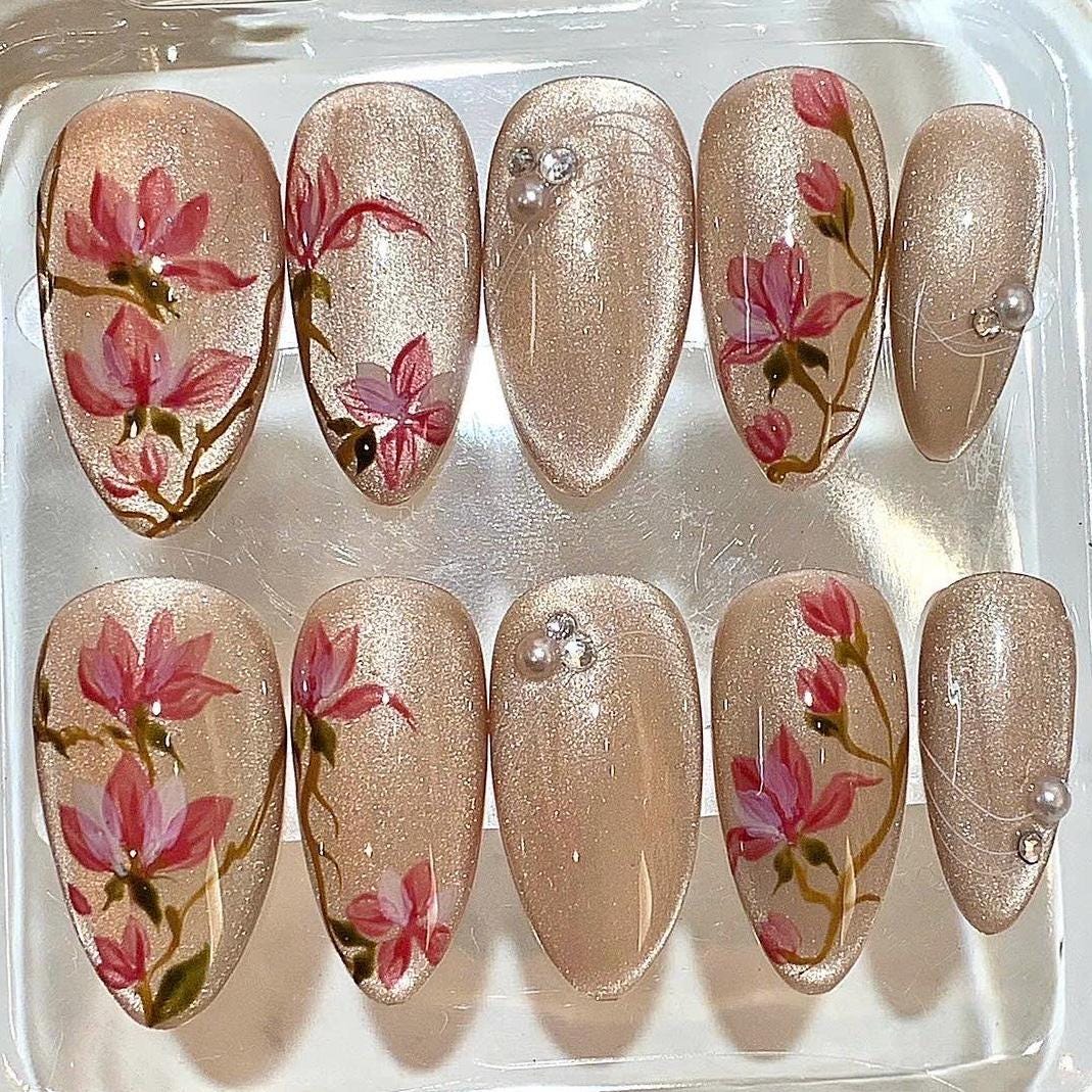 Elegant Floral Nude Press On Nails – Hand-Painted Pink Blossom Nails