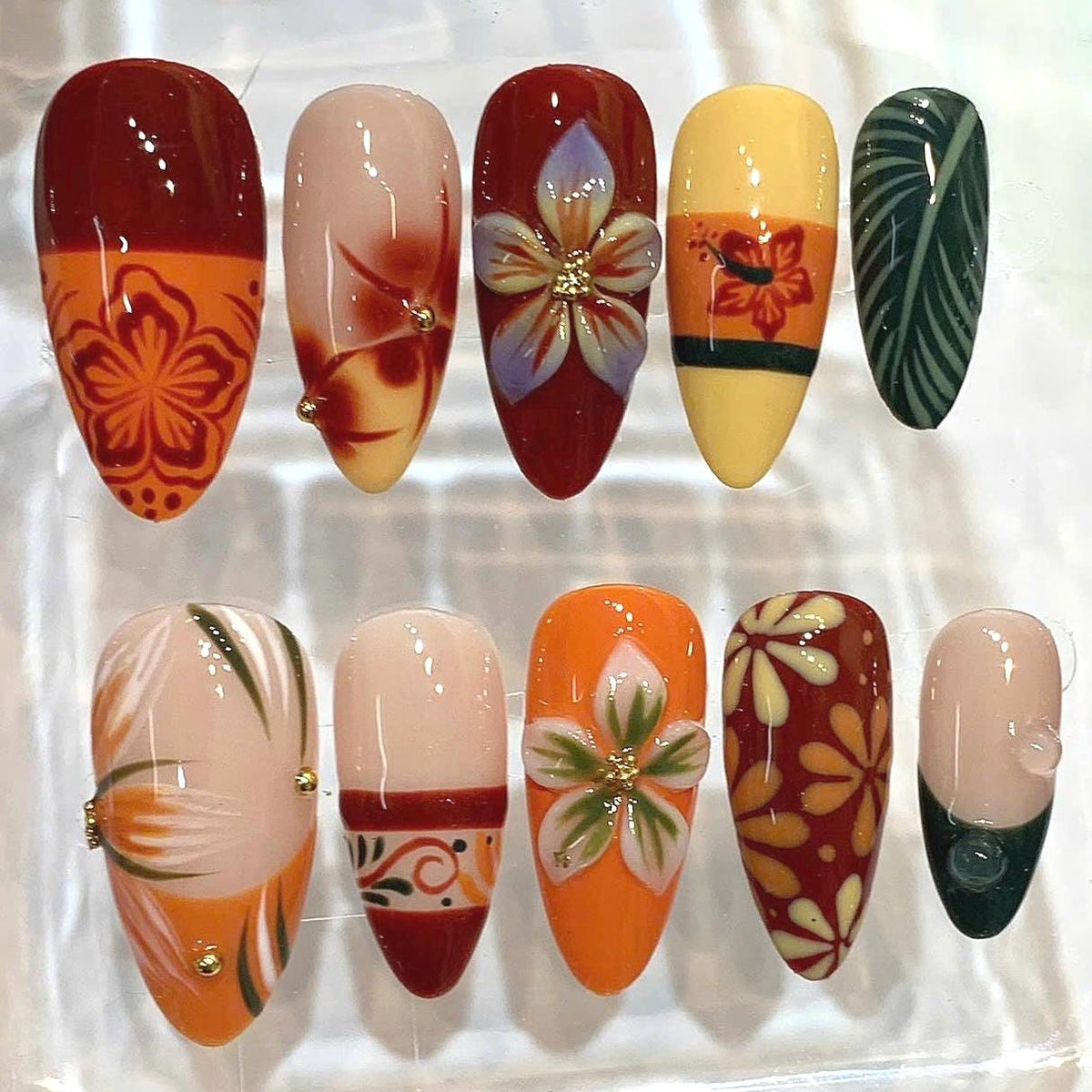 Tropical Floral Press On Nails – Handmade Orange Red Flower Nail Art Set