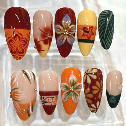 Tropical Floral Press On Nails – Handmade Orange Red Flower Nail Art Set