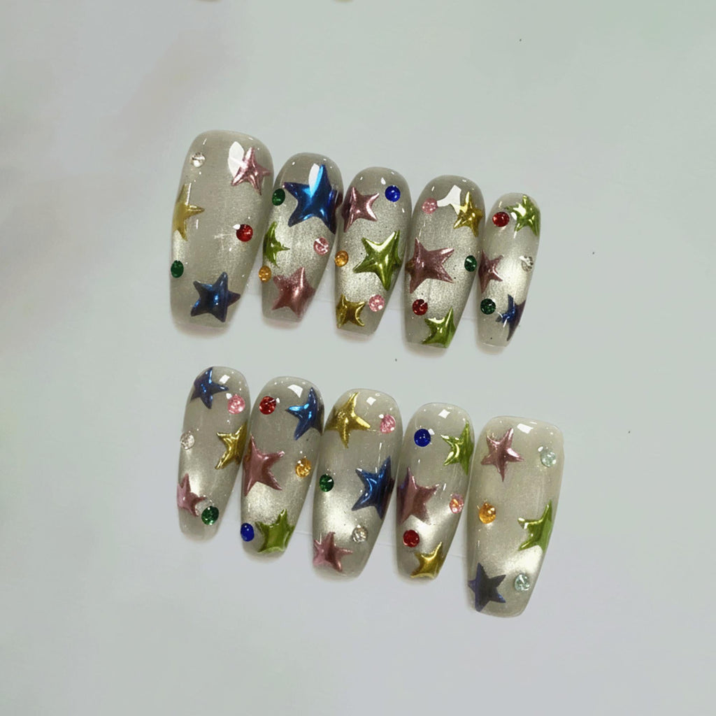 3D Cat Eye Star Press On Nails, Colorful Chrome Nail Art, Party Festival Nails, Handmade Nails