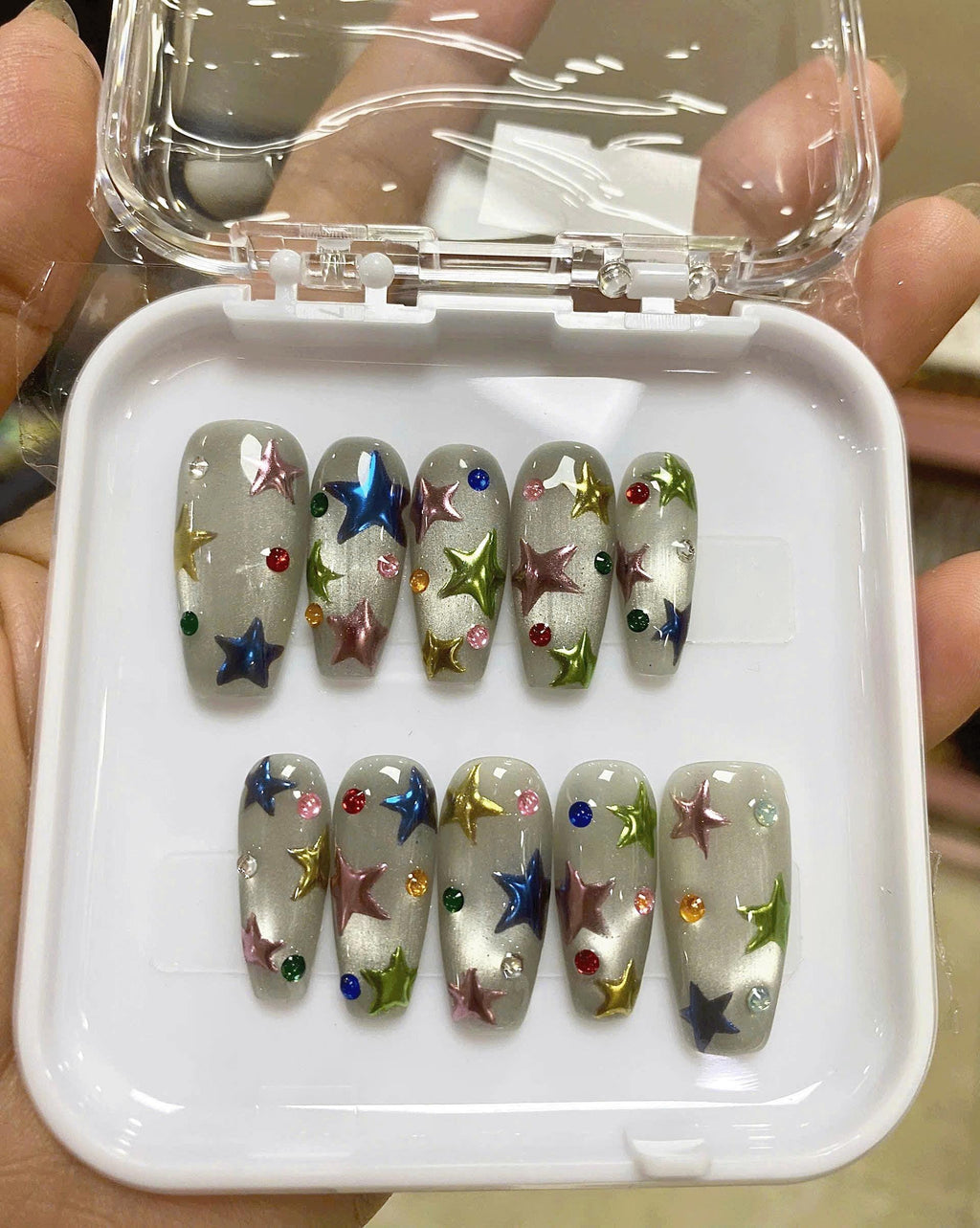 3D Cat Eye Star Press On Nails, Colorful Chrome Nail Art, Party Festival Nails, Handmade Nails