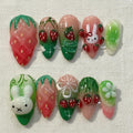 Strawberry Bunny Press On Nails, Kawaii 3D Cute Fruit Nails, Handmade Gel Nails, Green Pink Ombre Nails, Decoden Nails