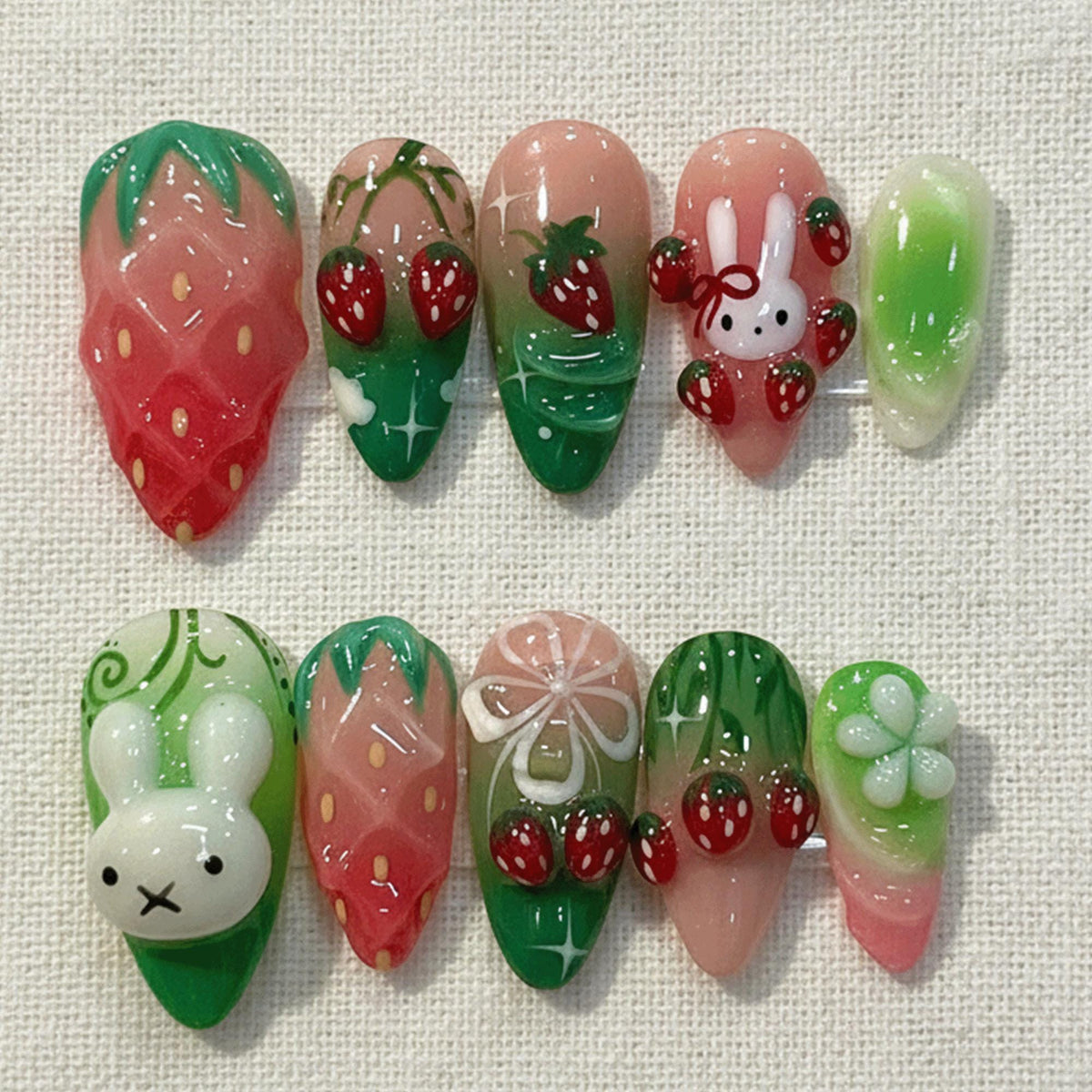Strawberry Bunny Press On Nails, Kawaii 3D Cute Fruit Nails, Handmade Gel Nails, Green Pink Ombre Nails, Decoden Nails
