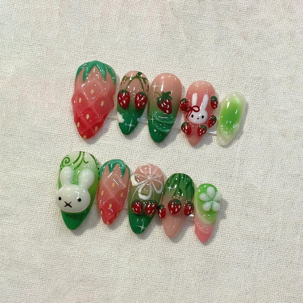 Strawberry Bunny Press On Nails, Kawaii 3D Cute Fruit Nails, Handmade Gel Nails, Green Pink Ombre Nails, Decoden Nails