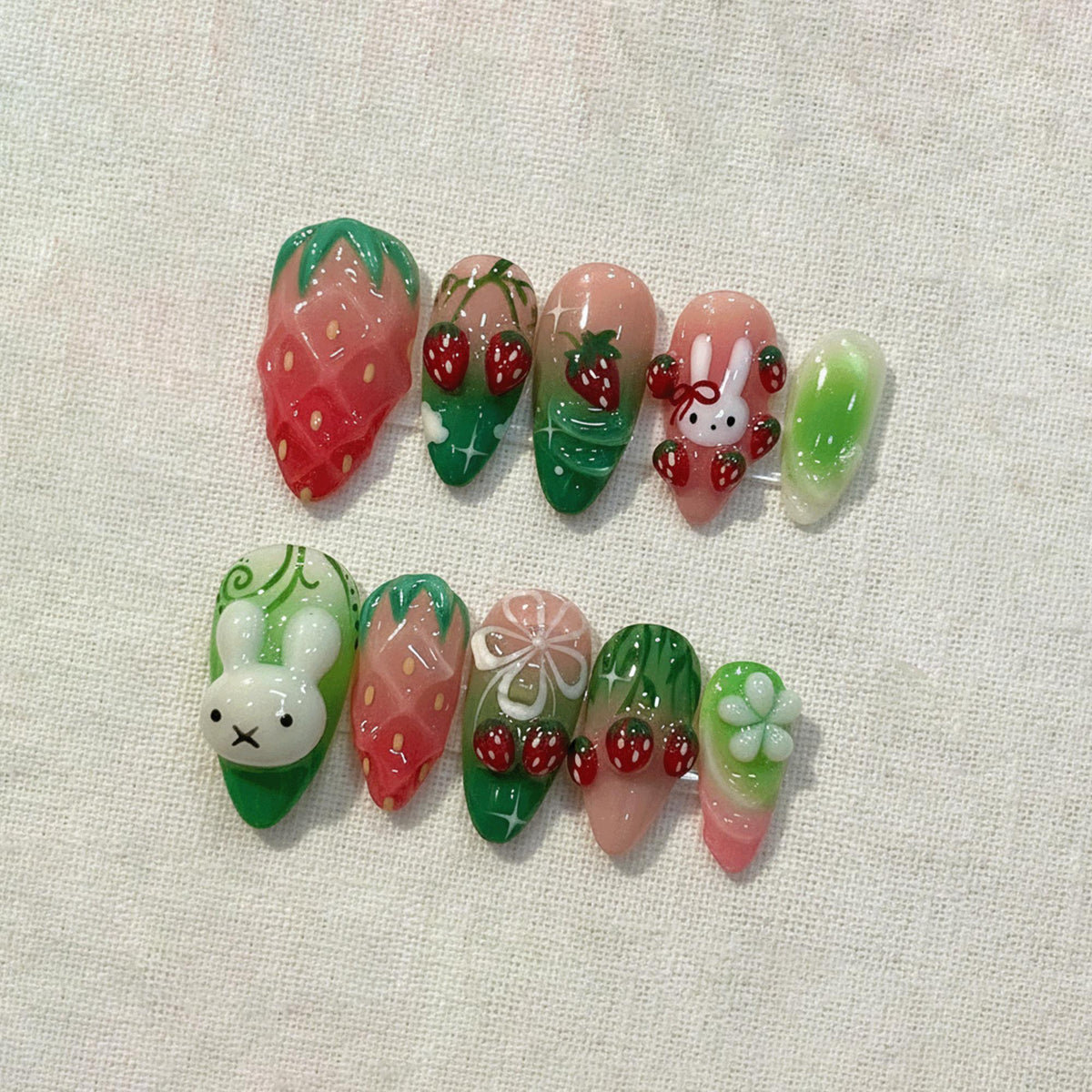 Strawberry Bunny Press On Nails, Kawaii 3D Cute Fruit Nails, Handmade Gel Nails, Green Pink Ombre Nails, Decoden Nails