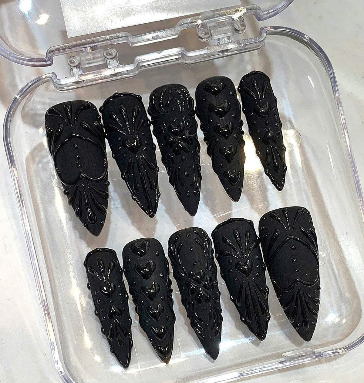 Black Gothic Press On Nails | 3D Heart, Baroque Stiletto