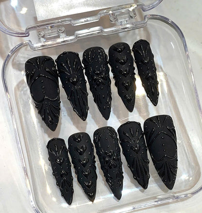 Black Gothic Press On Nails | 3D Heart, Baroque Stiletto