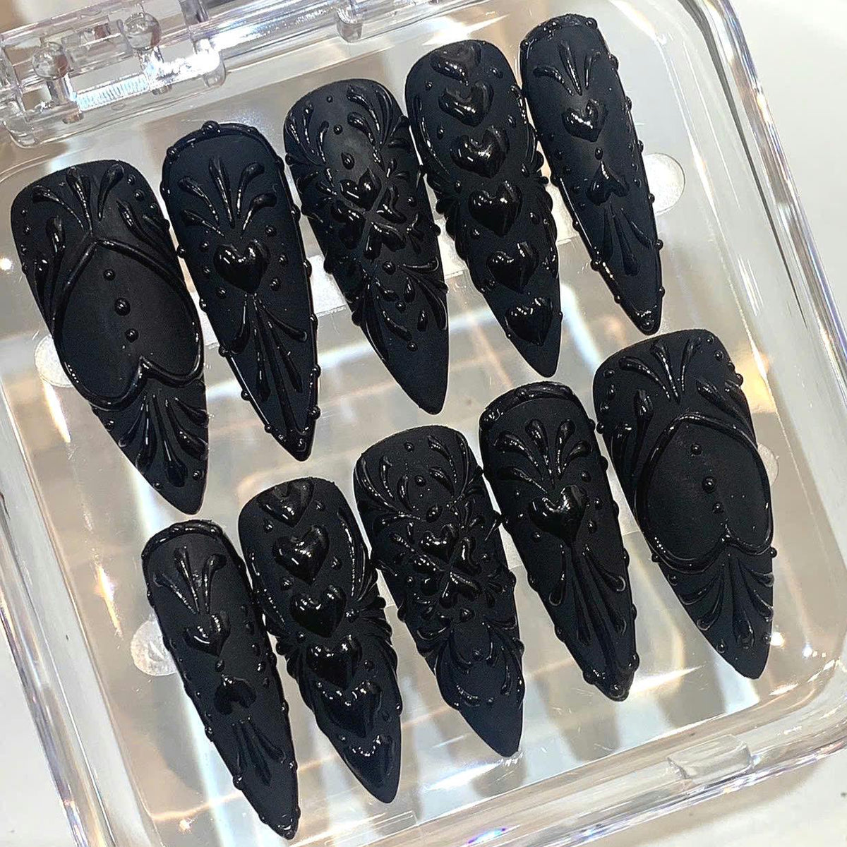 Black Gothic Press On Nails | 3D Heart, Baroque Stiletto