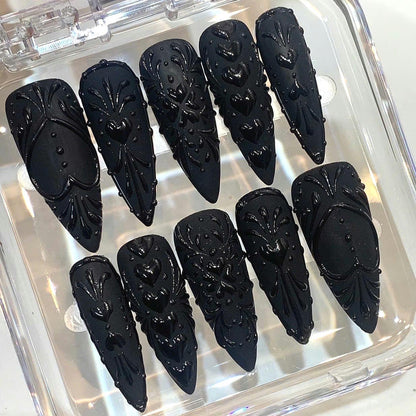 Black Gothic Press On Nails | 3D Heart, Baroque Stiletto