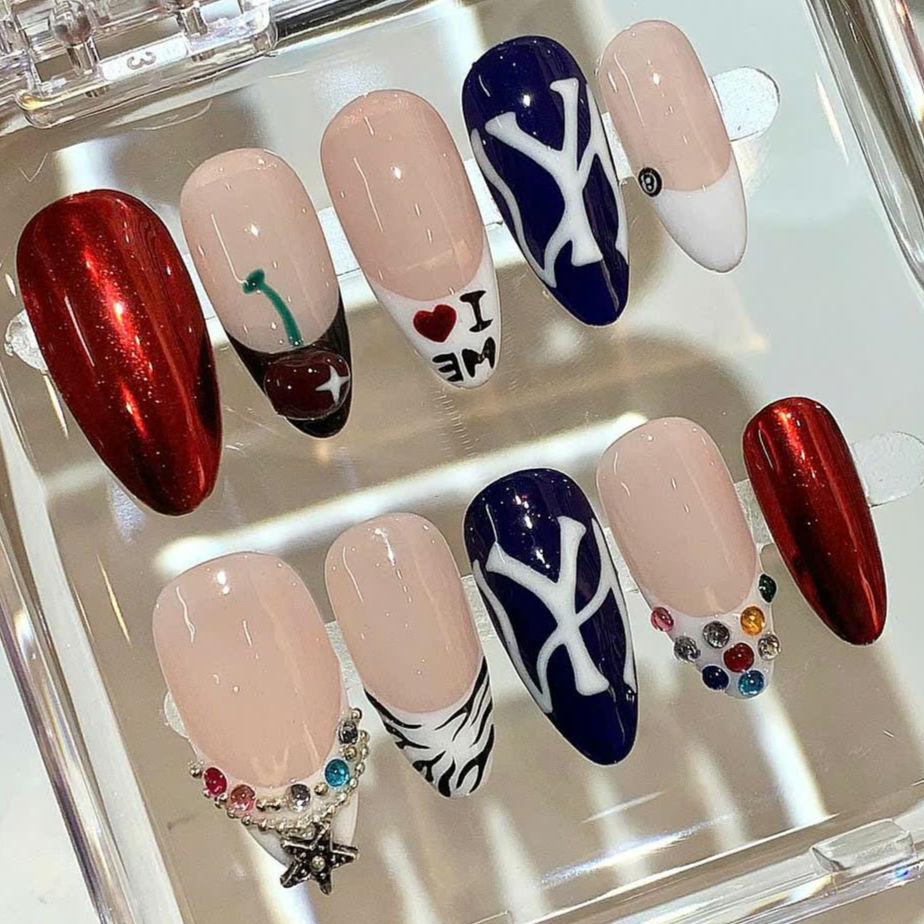 Handmade New York Press On Nails: Red, White & Blue Cherry Nail Art