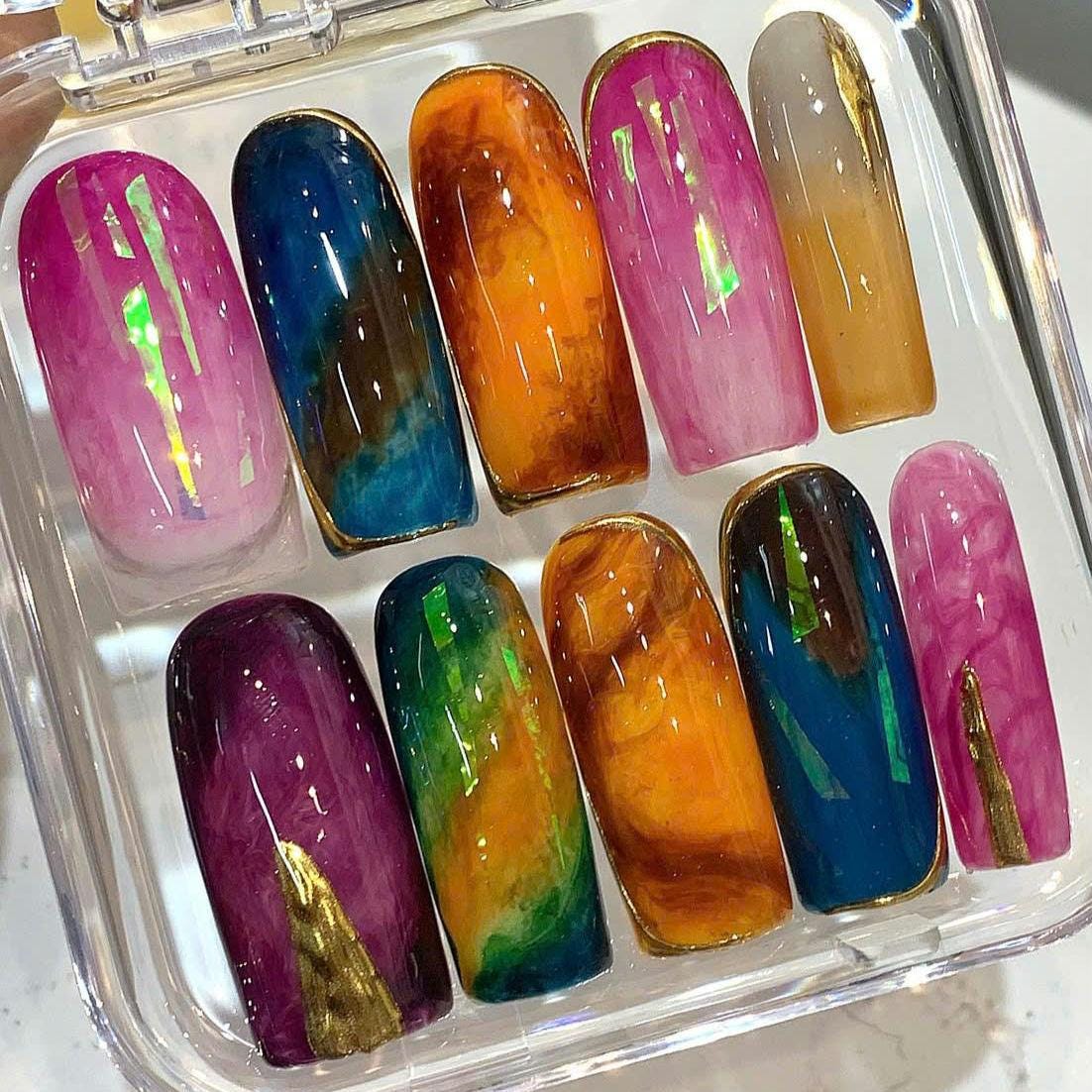 Hand-Painted Marble Press On Nails: Metallic Edge Abstract Nail Art
