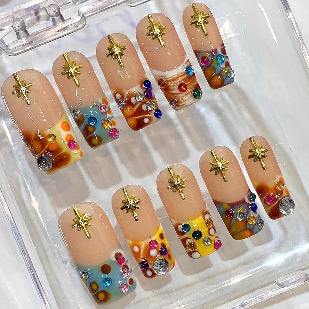 Rhinestone Press On Nails: 3D Star Charm Glitter Confetti Jelly Nails
