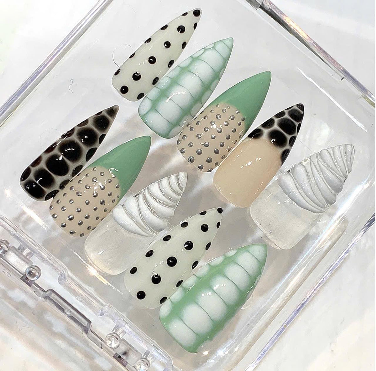 Mint Green Abstract Cow Print Stiletto Nails | Textured Statement Set