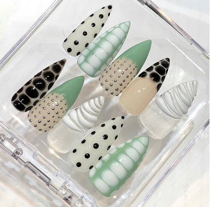 Mint Green Abstract Cow Print Stiletto Nails | Textured Statement Set