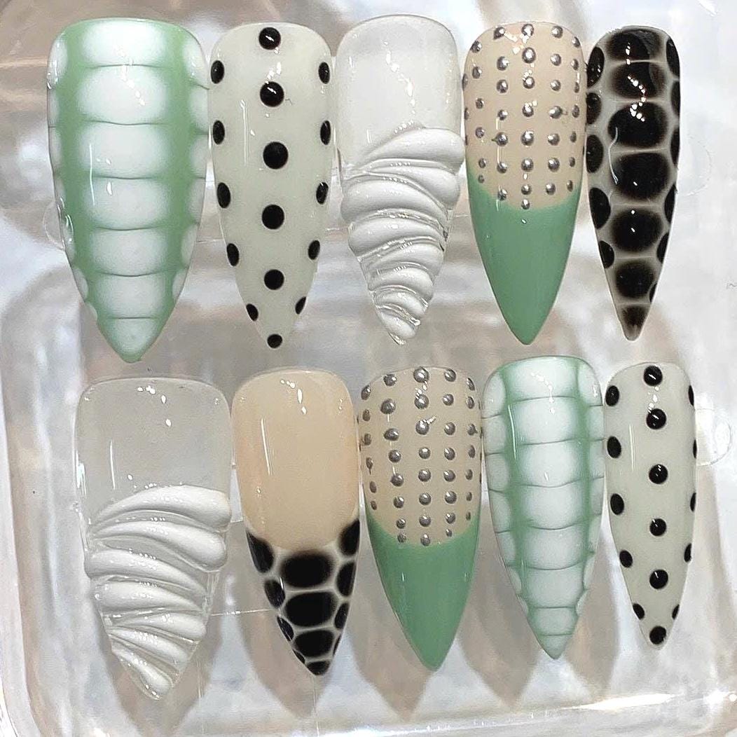 Mint Green Abstract Cow Print Stiletto Nails | Textured Statement Set