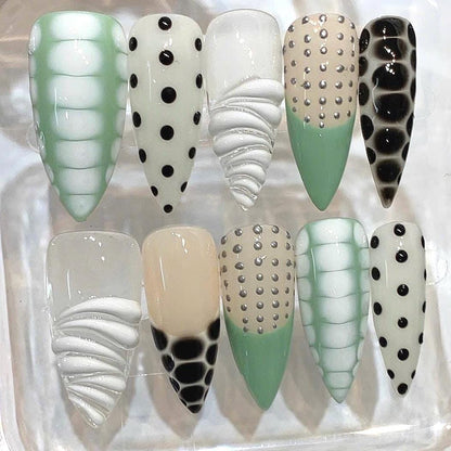 Mint Green Abstract Cow Print Stiletto Nails | Textured Statement Set