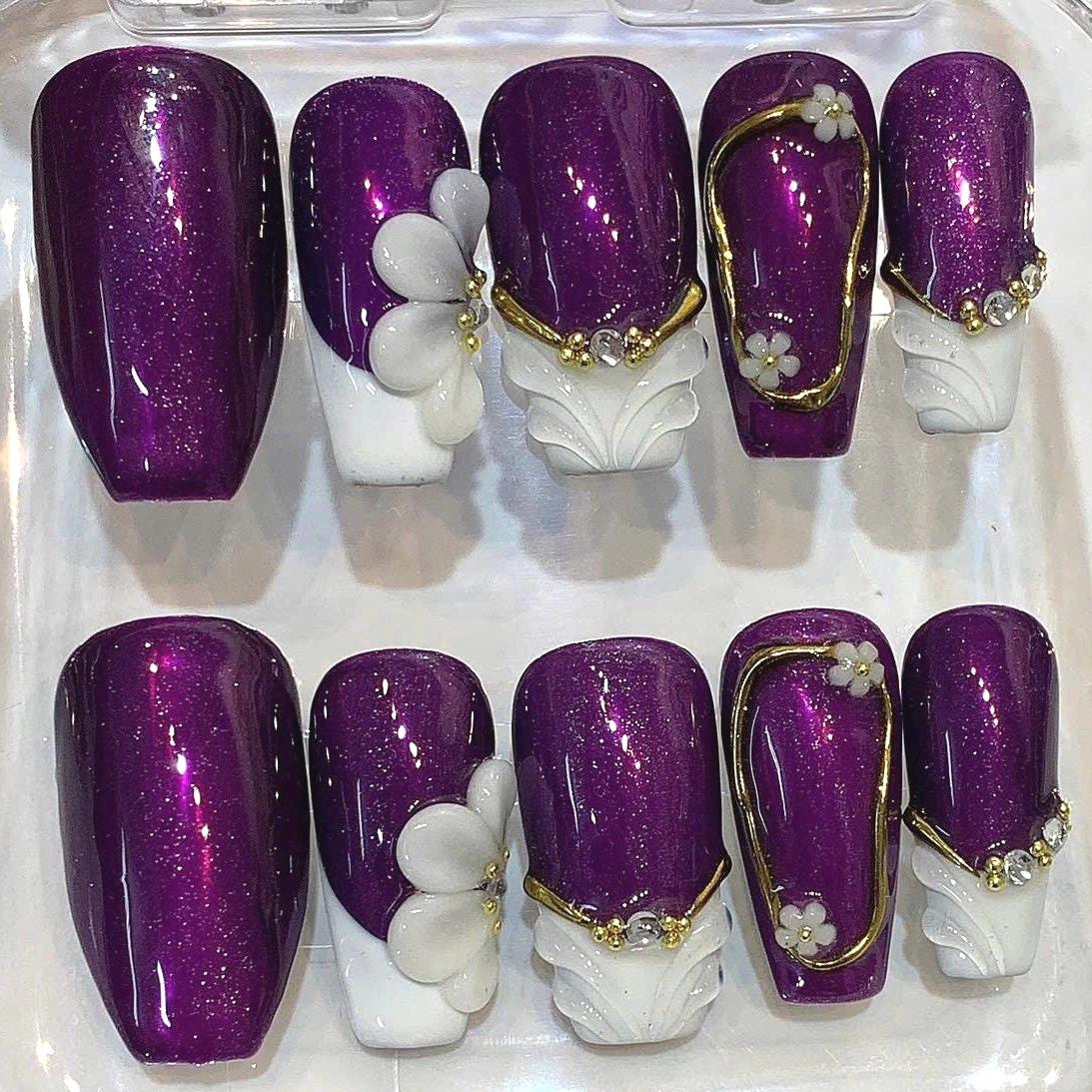Purple 3D Flower Press On Nails | Elegant Gold Frame Bridal Set