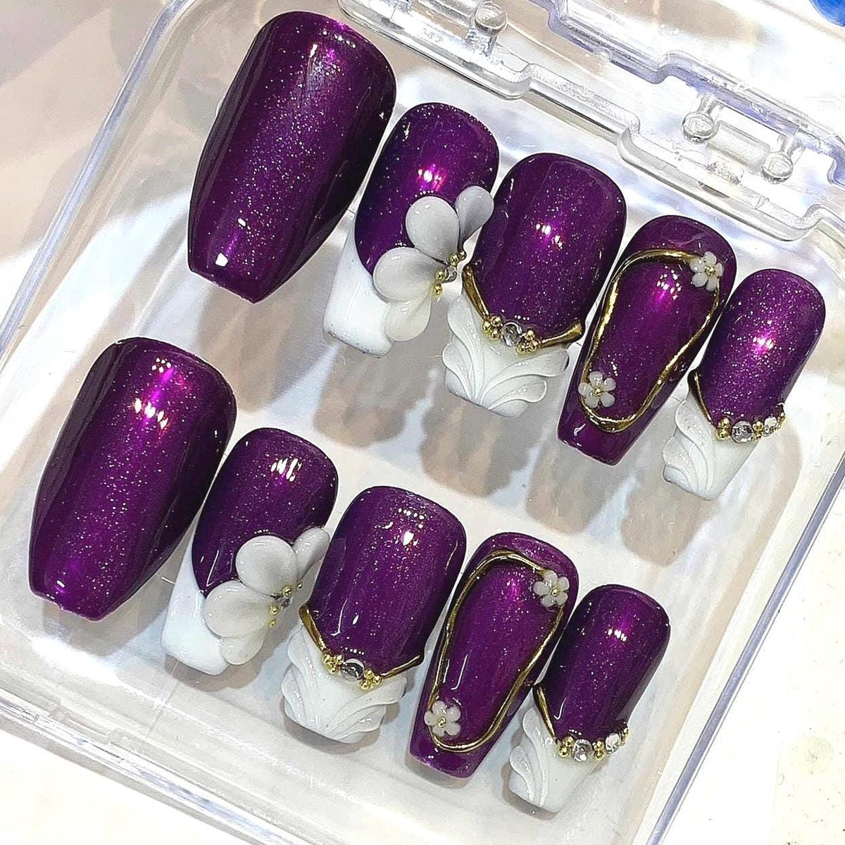 Purple 3D Flower Press On Nails | Elegant Gold Frame Bridal Set