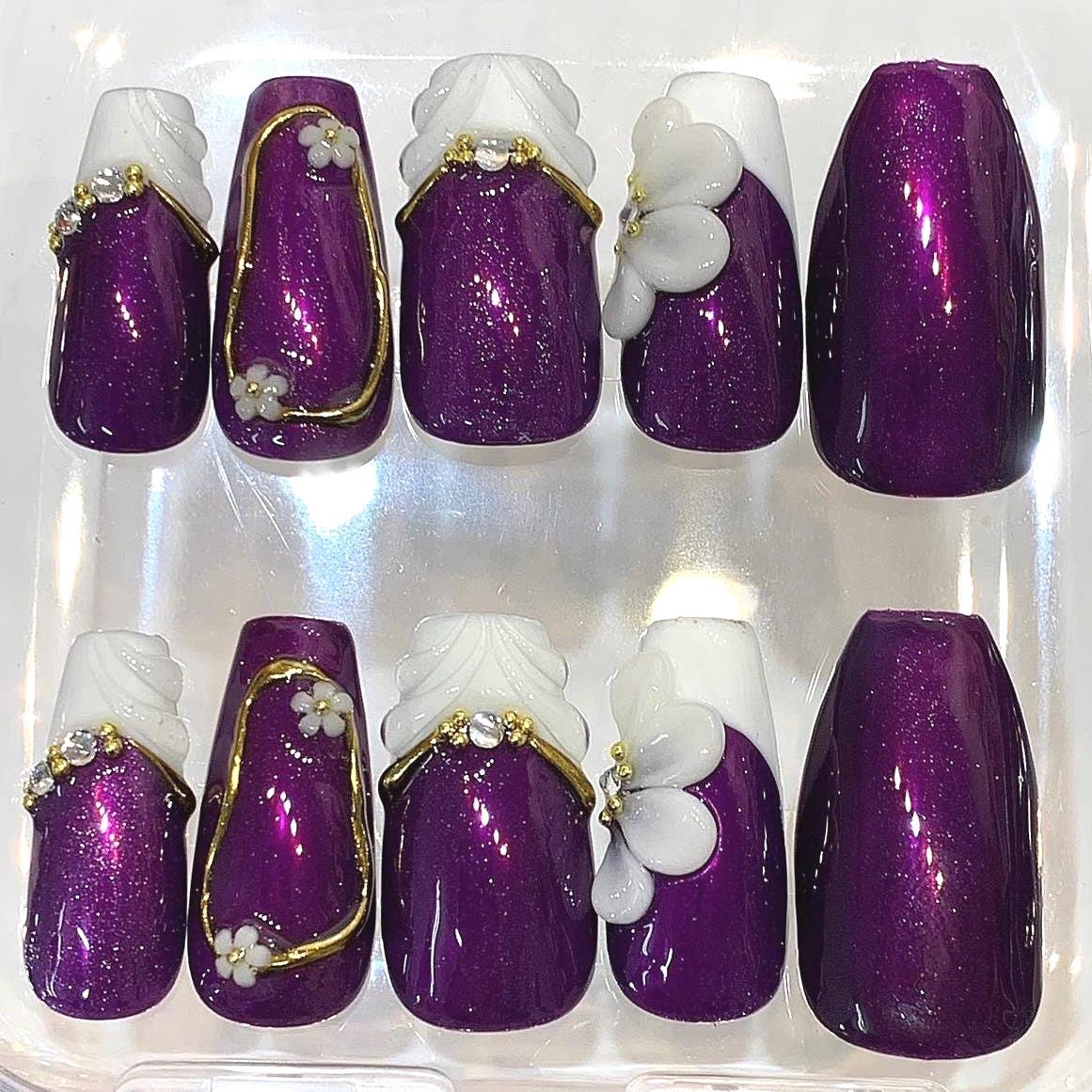 Purple 3D Flower Press On Nails | Elegant Gold Frame Bridal Set