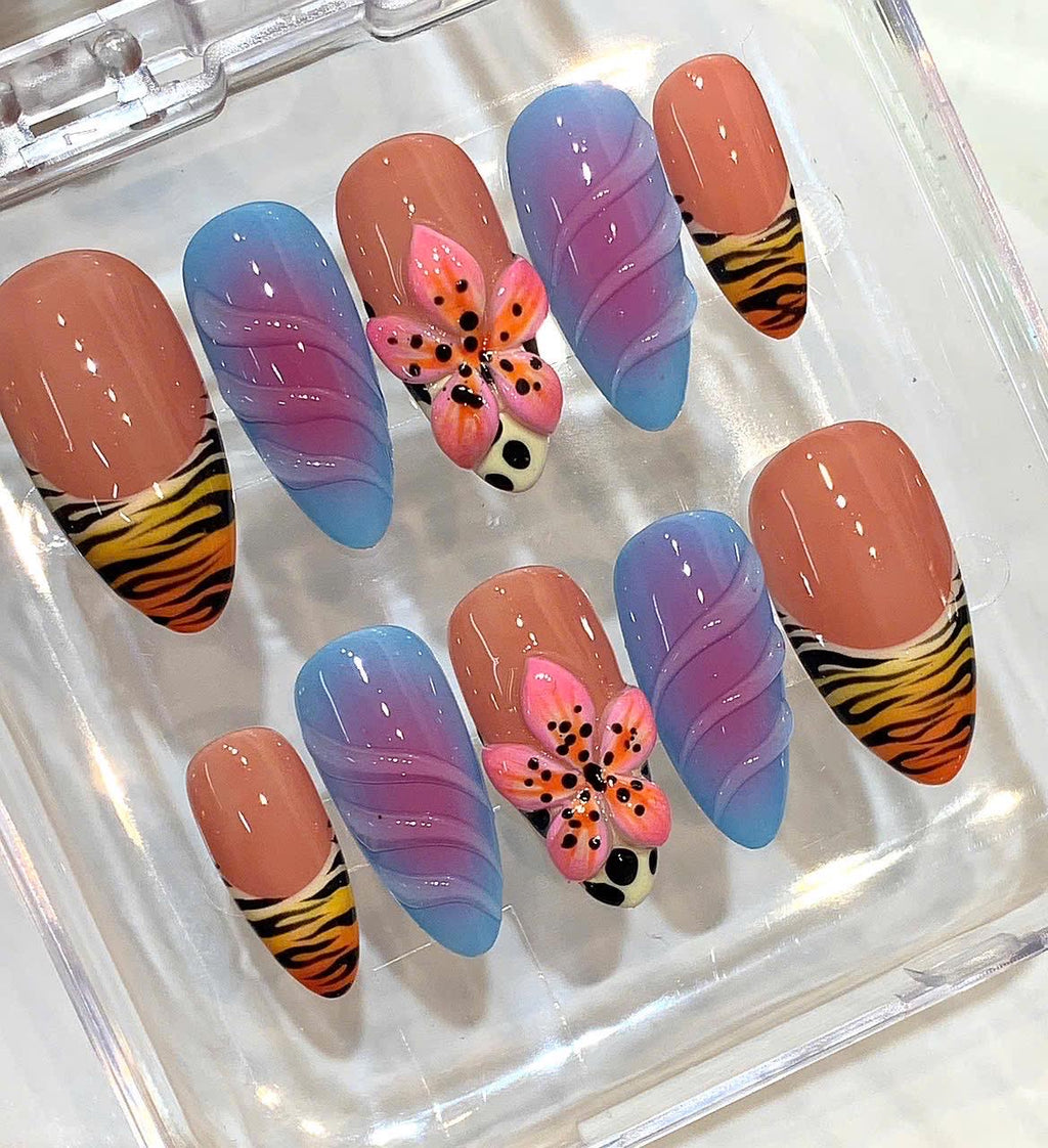 Ombre Press On Nails with 3D Flower | Tiger Print Tropical Nail Set
