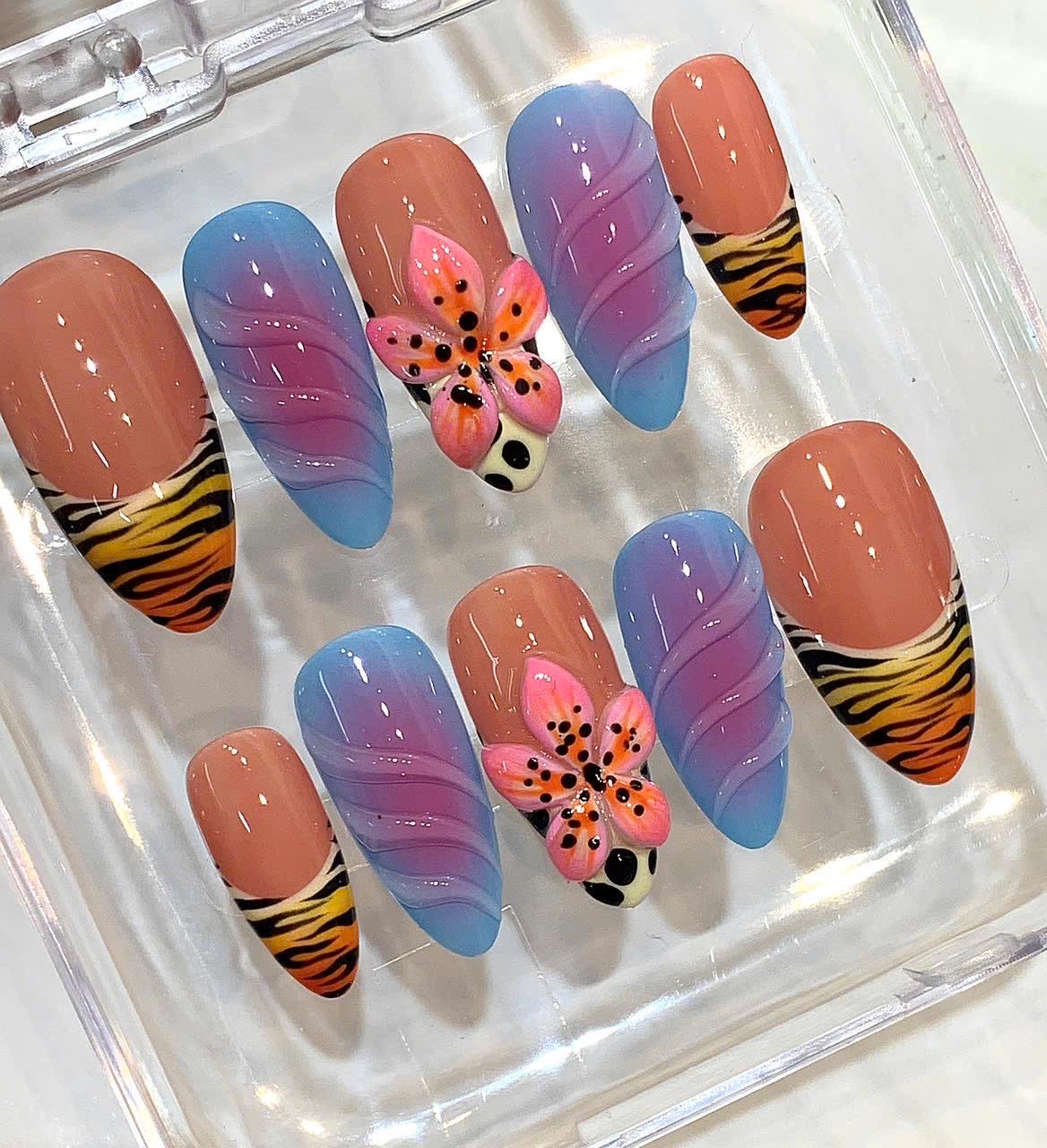 Ombre Press On Nails with 3D Flower | Tiger Print Tropical Nail Set