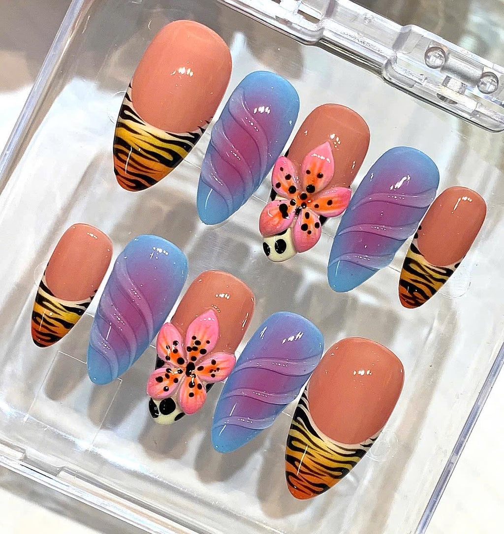 Ombre Press On Nails with 3D Flower | Tiger Print Tropical Nail Set