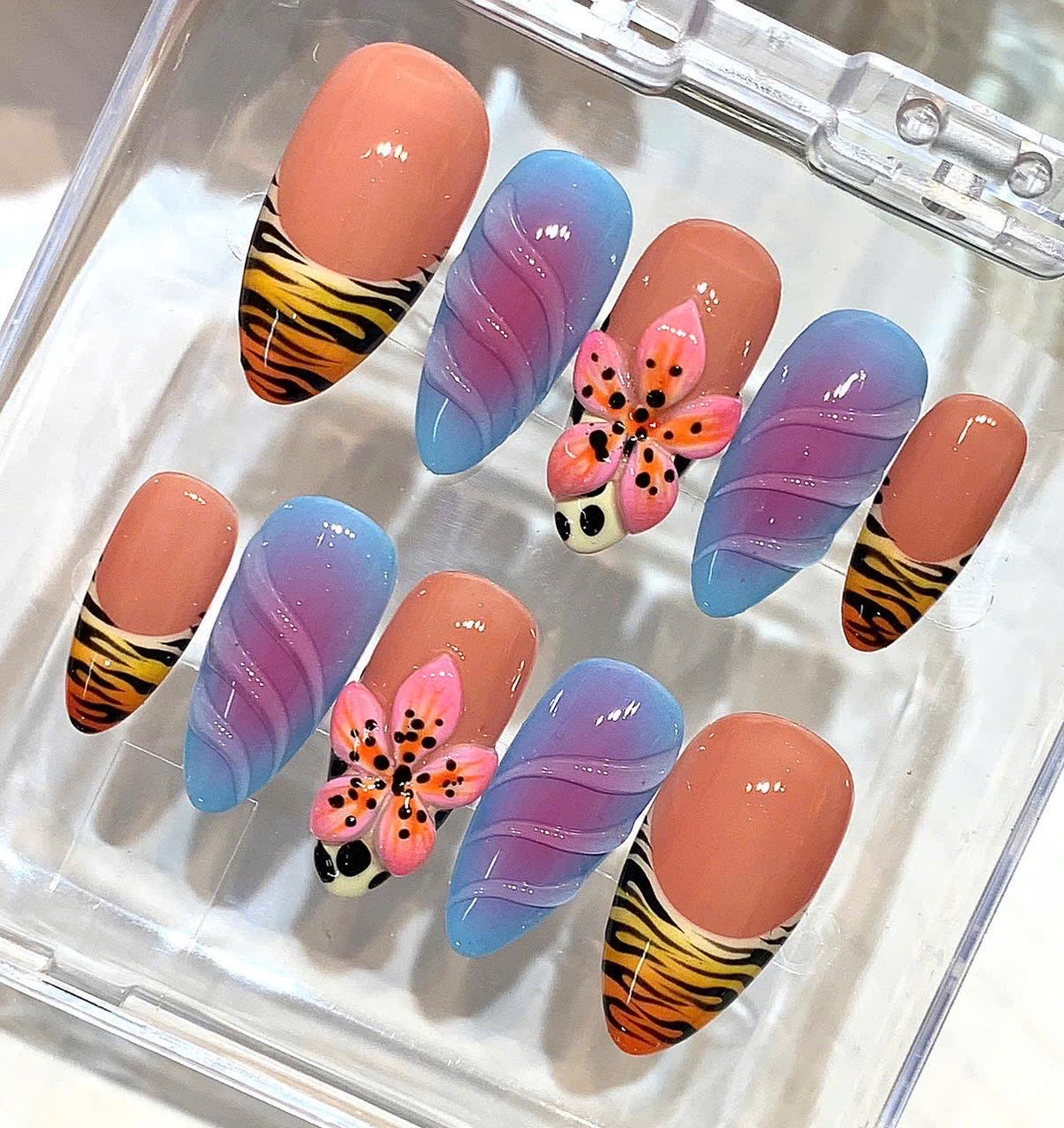 Ombre Press On Nails with 3D Flower | Tiger Print Tropical Nail Set