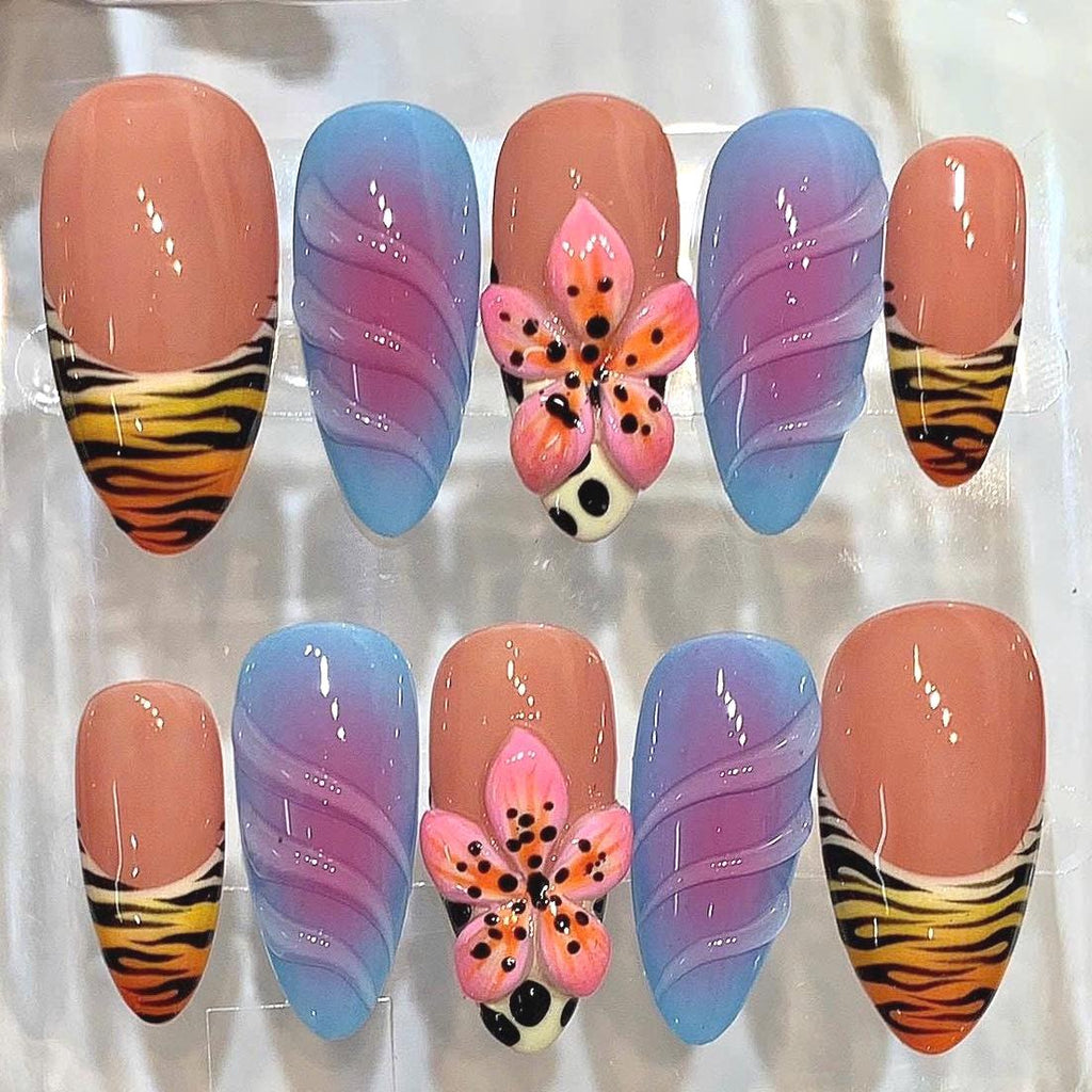 Ombre Press On Nails with 3D Flower | Tiger Print Tropical Nail Set