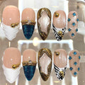 Luxury Gold Blue Press On Nails | Nude White Nail Art Set | Rhinestone Accent Nails