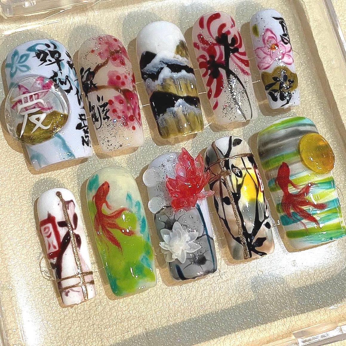 Hand-Painted Asian Art Press On Nails: Koi Fish & Lotus Design