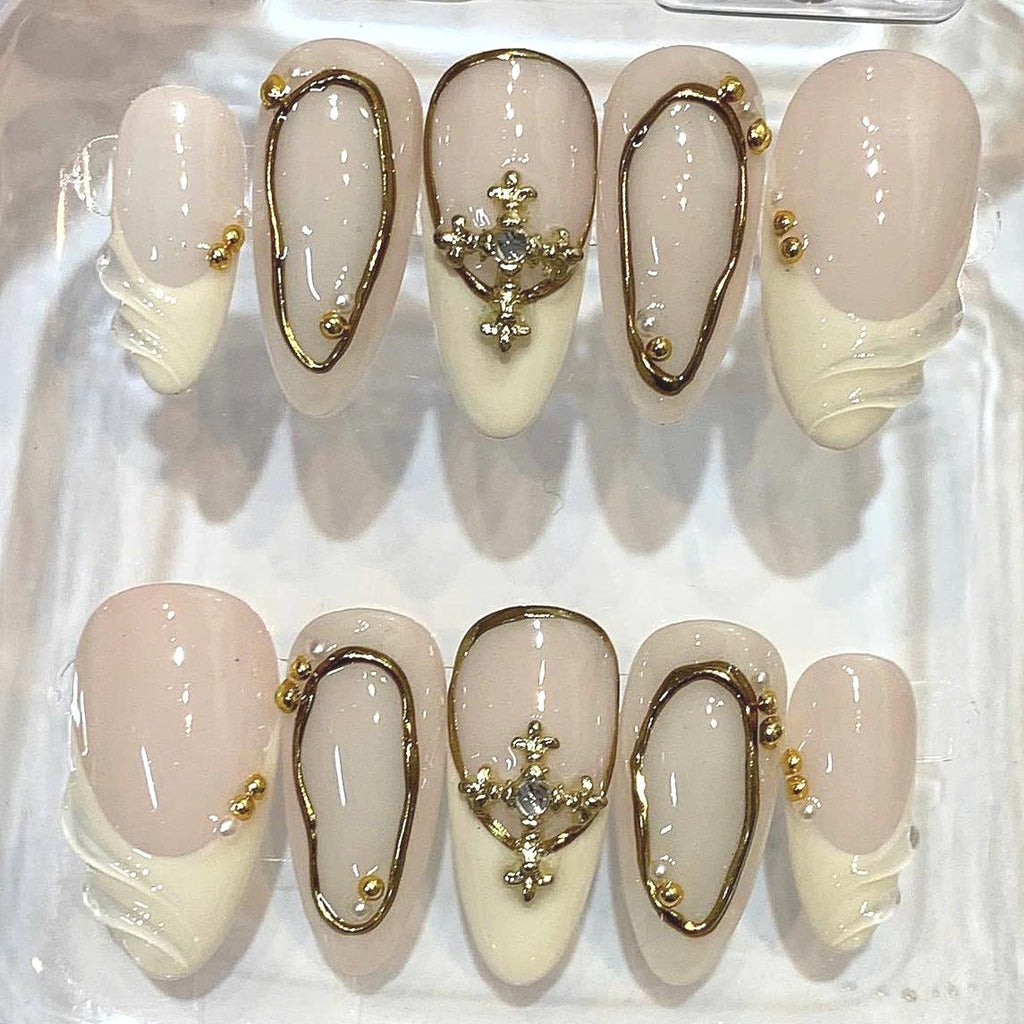 Nude Gold Cross Press On Nails – Elegant Luxury Almond Set