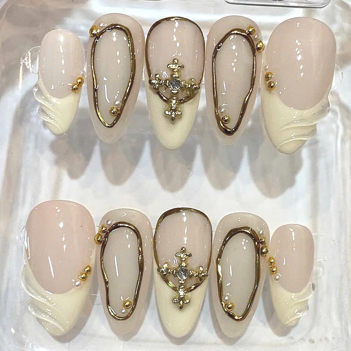 Nude Gold Cross Press On Nails – Elegant Luxury Almond Set