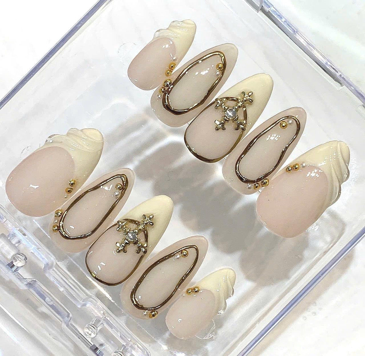 Nude Gold Cross Press On Nails – Elegant Luxury Almond Set