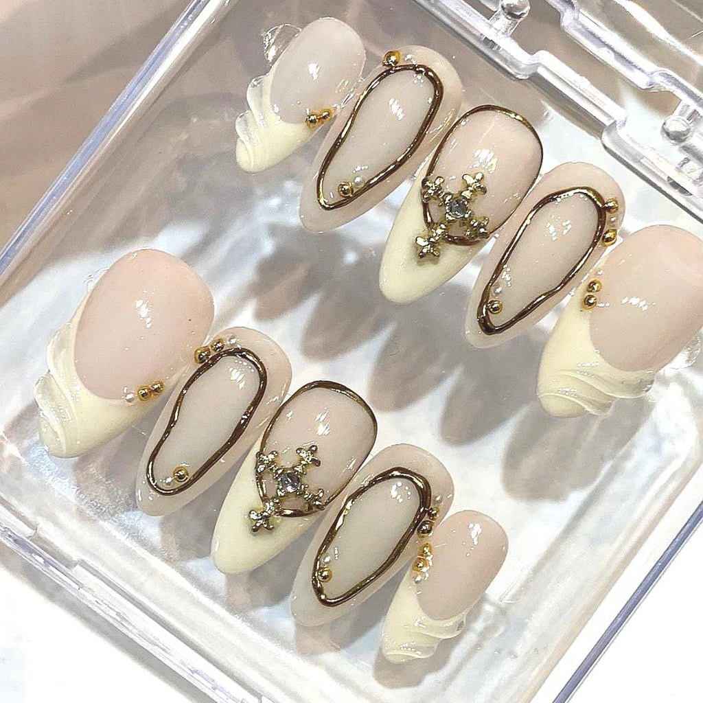 Nude Gold Cross Press On Nails – Elegant Luxury Almond Set