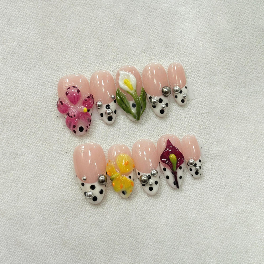 Spring Blossom Press On Nails, 3D Flower Nails, Nude French Tip Nail Art, Handmade Gel Nails