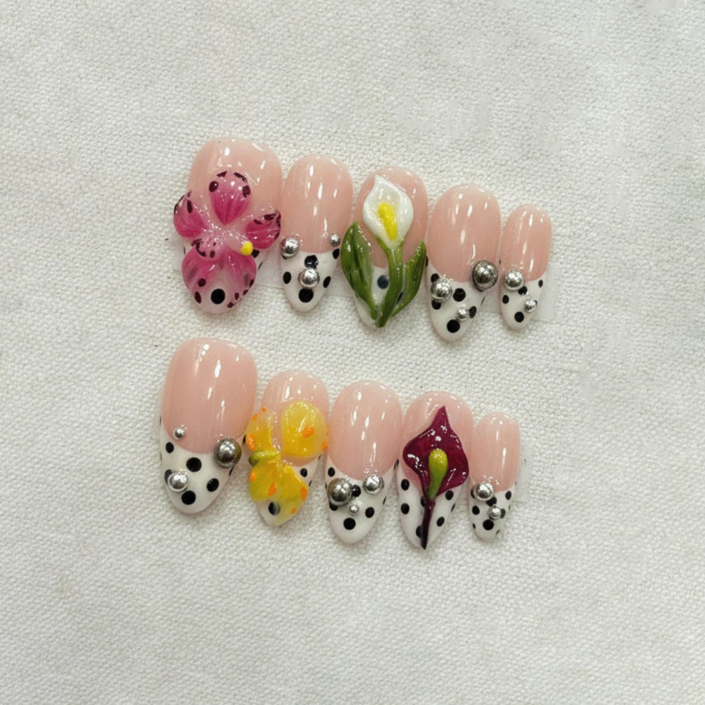 Spring Blossom Press On Nails, 3D Flower Nails, Nude French Tip Nail Art, Handmade Gel Nails