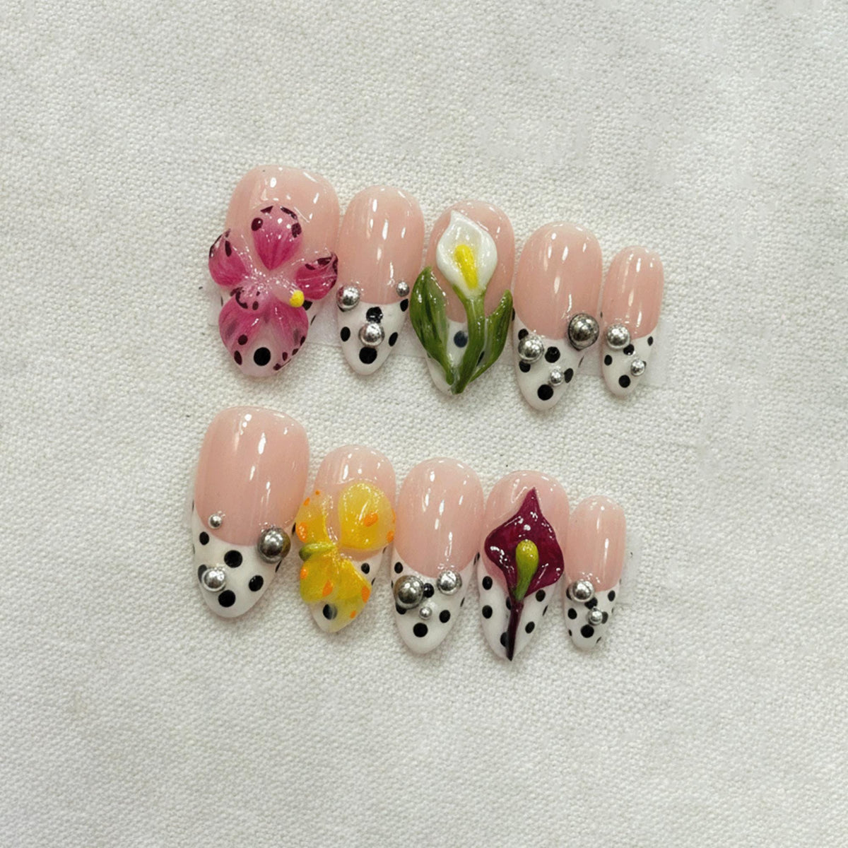 Spring Blossom Press On Nails, 3D Flower Nails, Nude French Tip Nail Art, Handmade Gel Nails