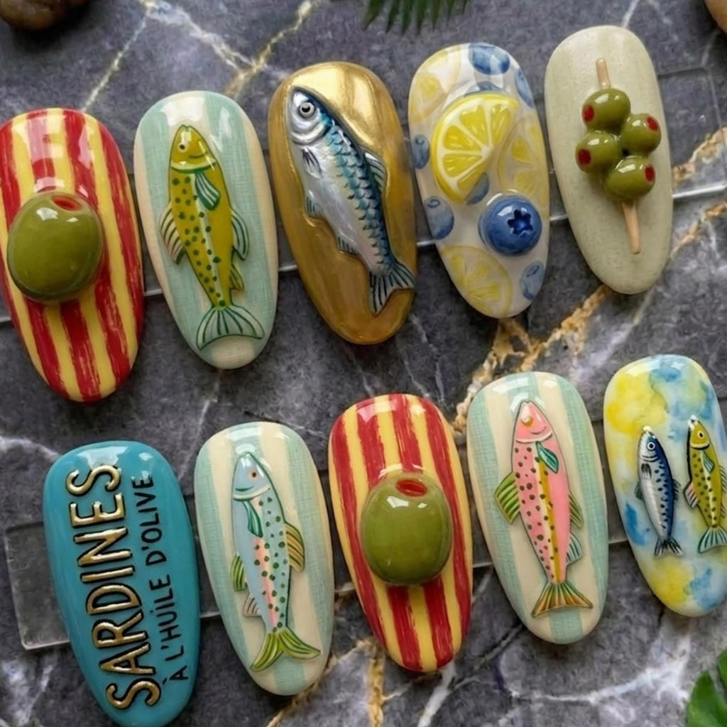 Mediterranean Sardine Press On Nails | Vintage Kitsch Oval Nails | 3D Olive & Fish Nails | Hand Painted Art Nails | Funky Summer Nails