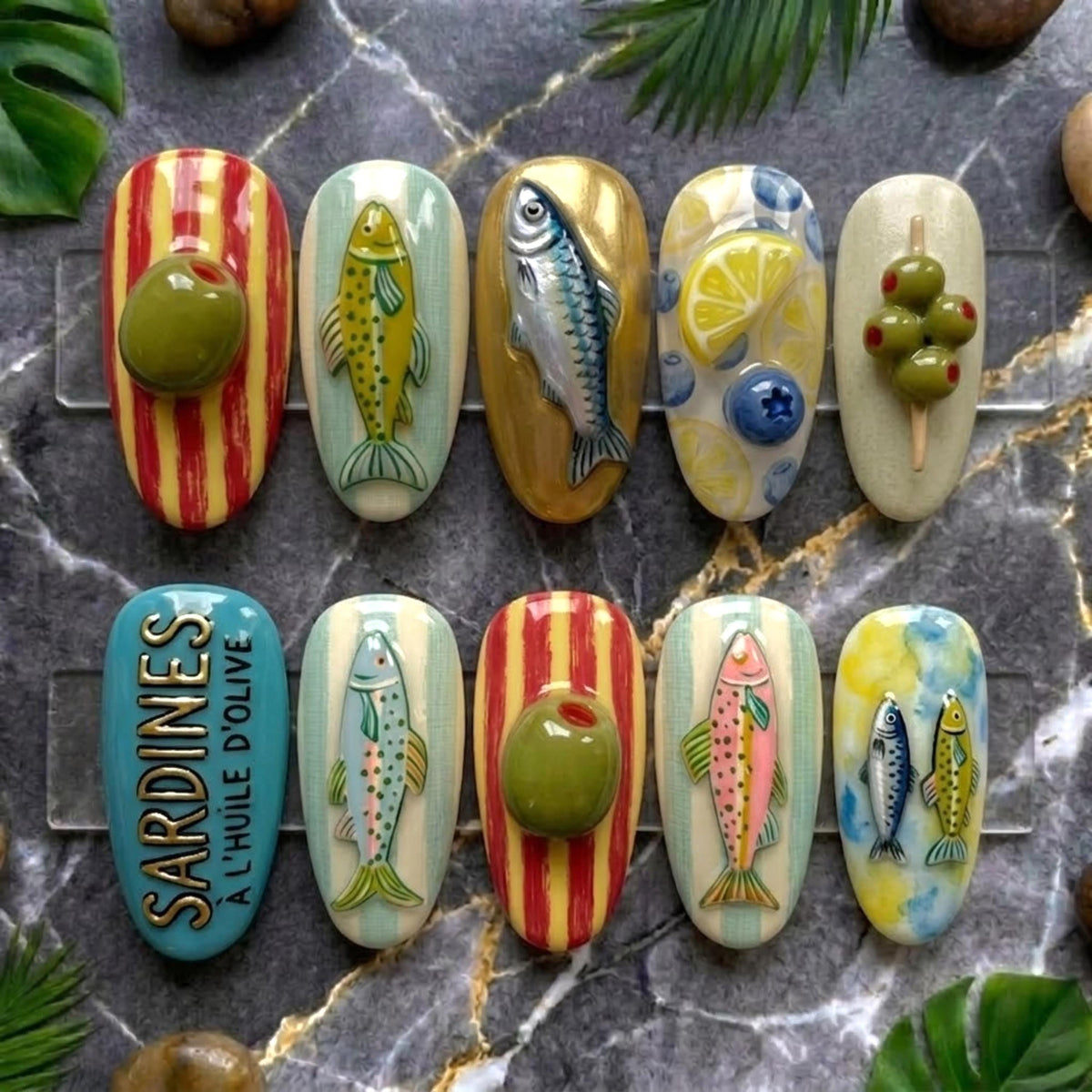 Mediterranean Sardine Press On Nails | Vintage Kitsch Oval Nails | 3D Olive & Fish Nails | Hand Painted Art Nails | Funky Summer Nails