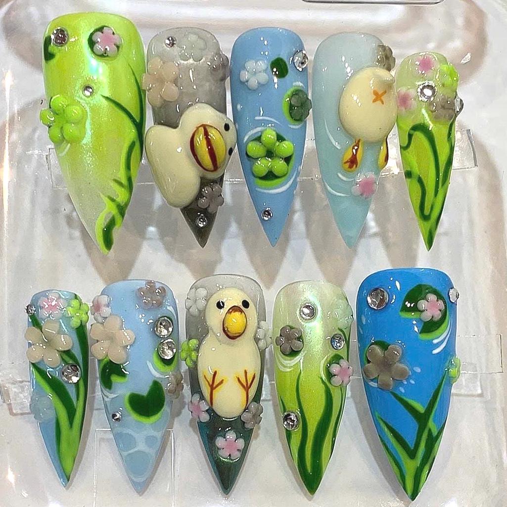 Kawaii Duck 3D Press On Nails | Pastel Blue Green Cartoon Nail Art Set
