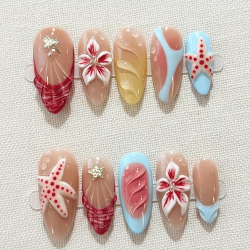 3D Beach Nails Starfish Design, Summer Press On Nails, Handmade Ocean Theme Nails