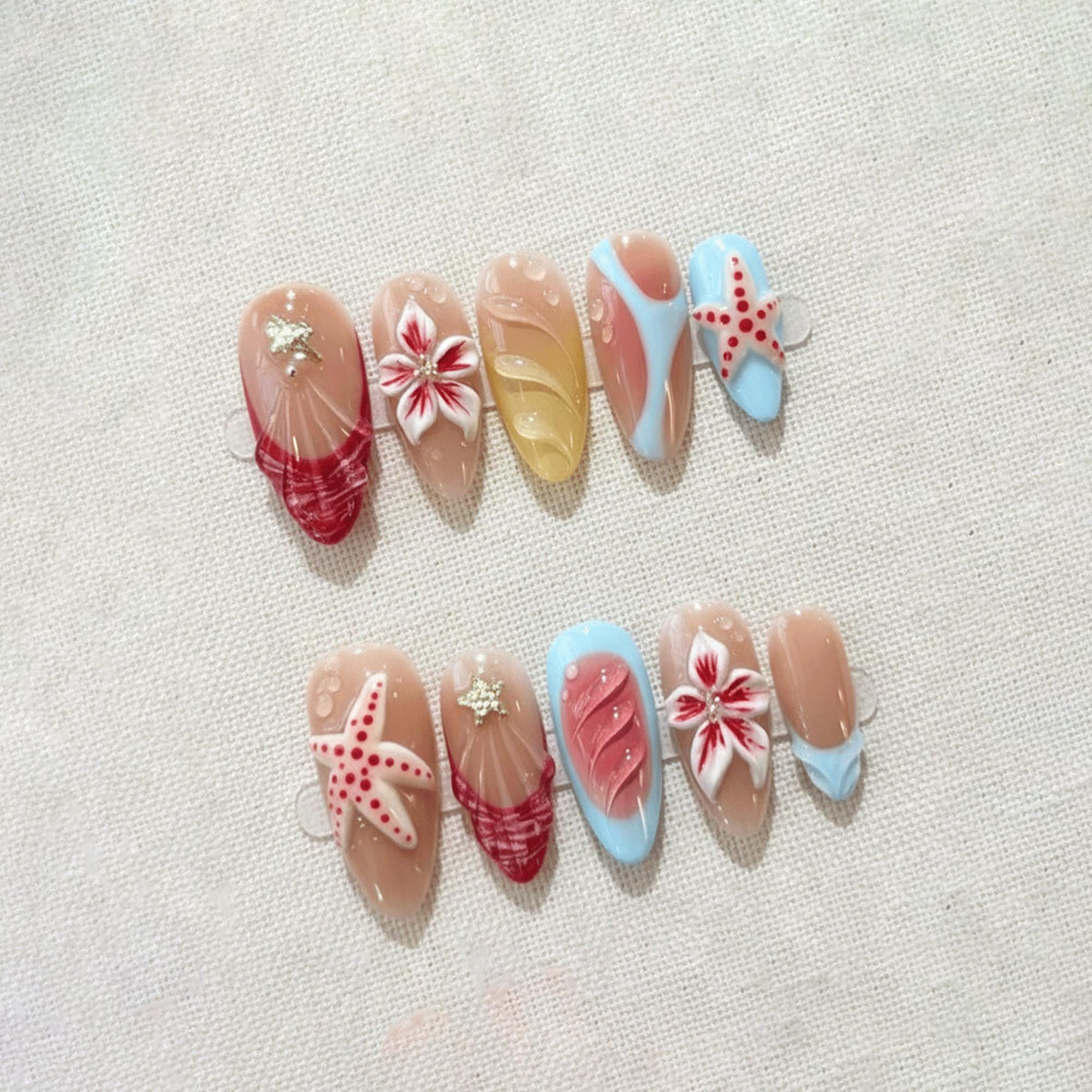 3D Beach Nails Starfish Design, Summer Press On Nails, Handmade Ocean Theme Nails