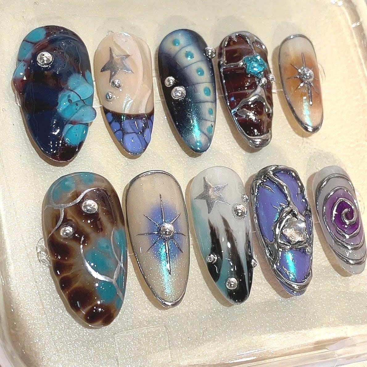 Galaxy Press On Nails: Holographic Cosmic Star Cyberpunk Nail Art