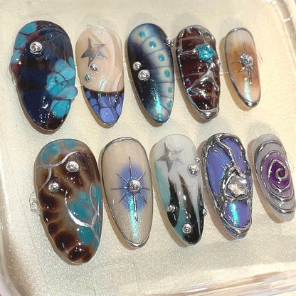 Galaxy Press On Nails: Holographic Cosmic Star Cyberpunk Nail Art