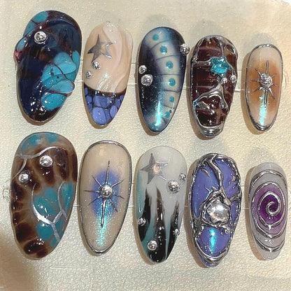 Galaxy Press On Nails: Holographic Cosmic Star Cyberpunk Nail Art