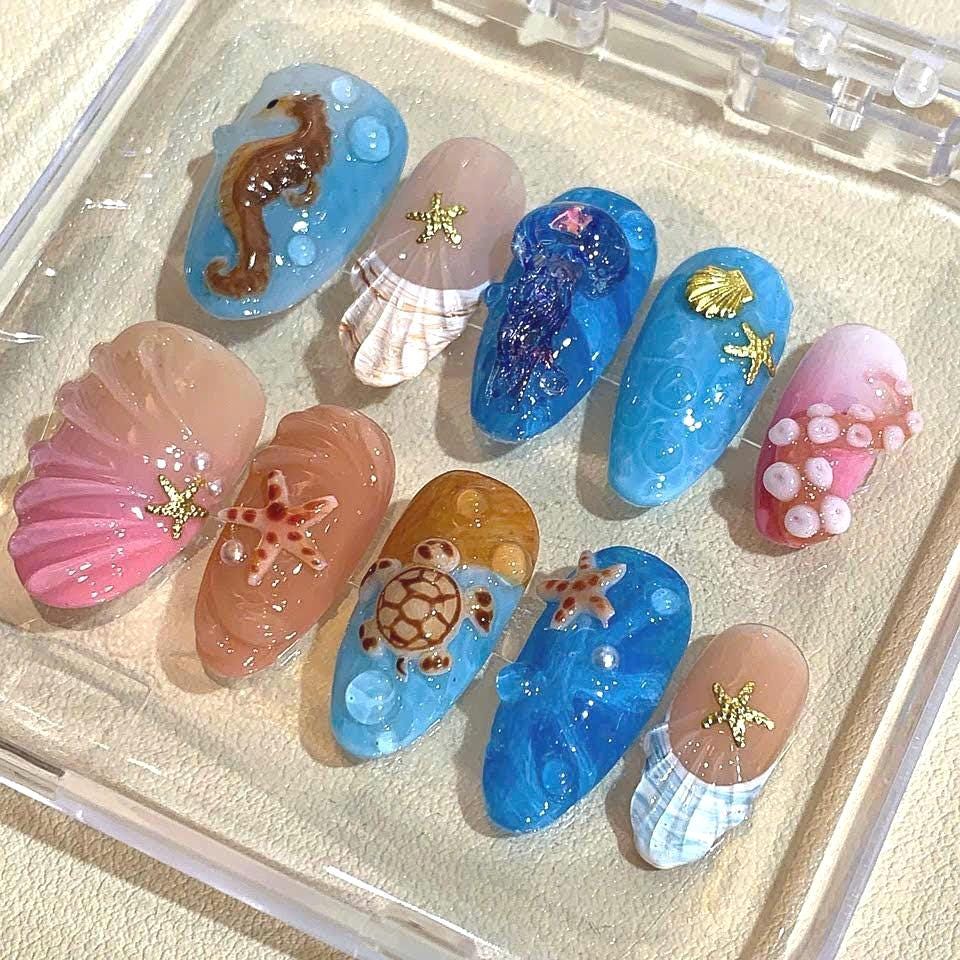 3D Ocean Press On Nails: Mermaid Beach Sea Life - Handmade Summer Nails