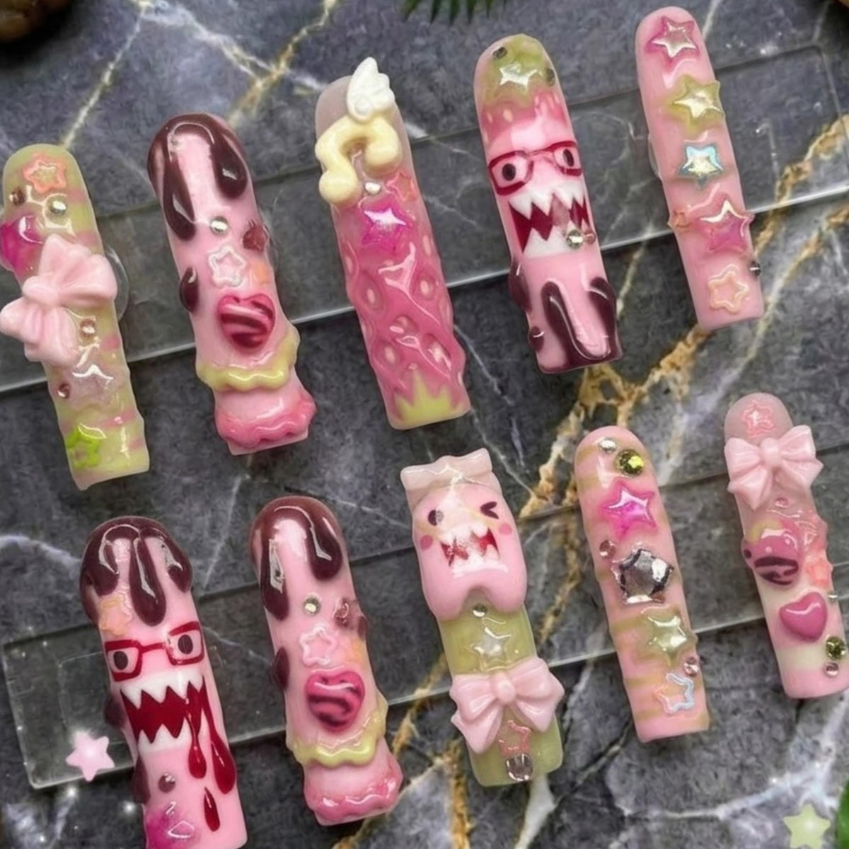 Kawaii Pink Monster Press On Nails | Y2K Harajuku Long Square Nails | 3D Bow & Choco Drip Nails | Handmade Fake Nails | Creepy Cute Nails