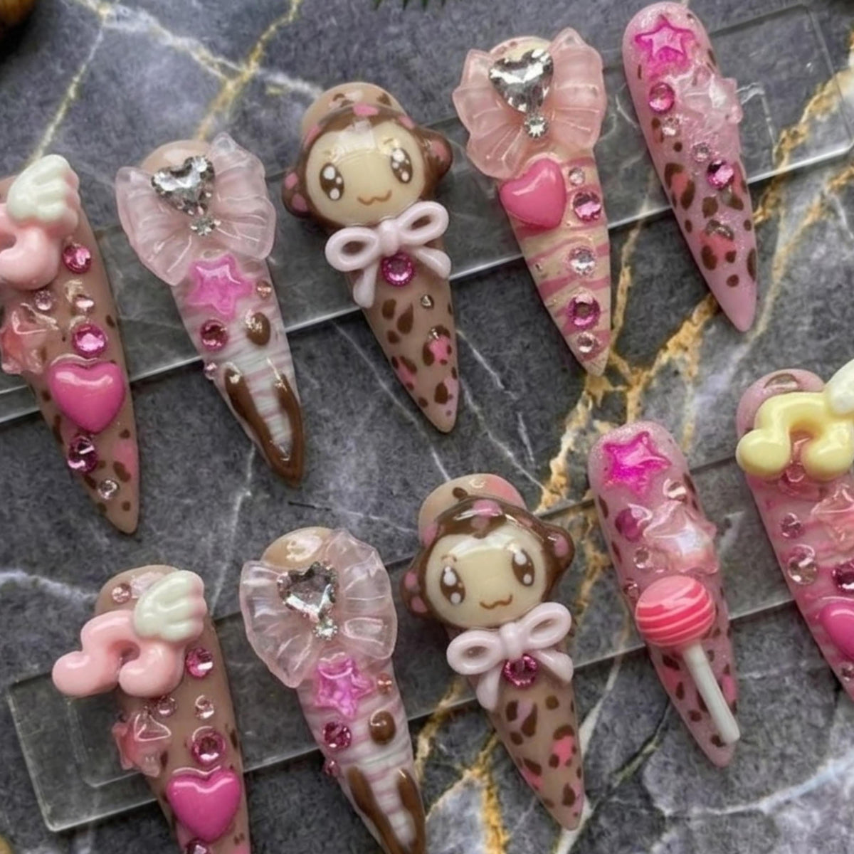 Kawaii Monkey Press On Nails | Y2K Gyaru Stiletto Nails | Pink Leopard Print Nails | 3D Charms Rhinestone Nails | Sweet Harajuku Nails