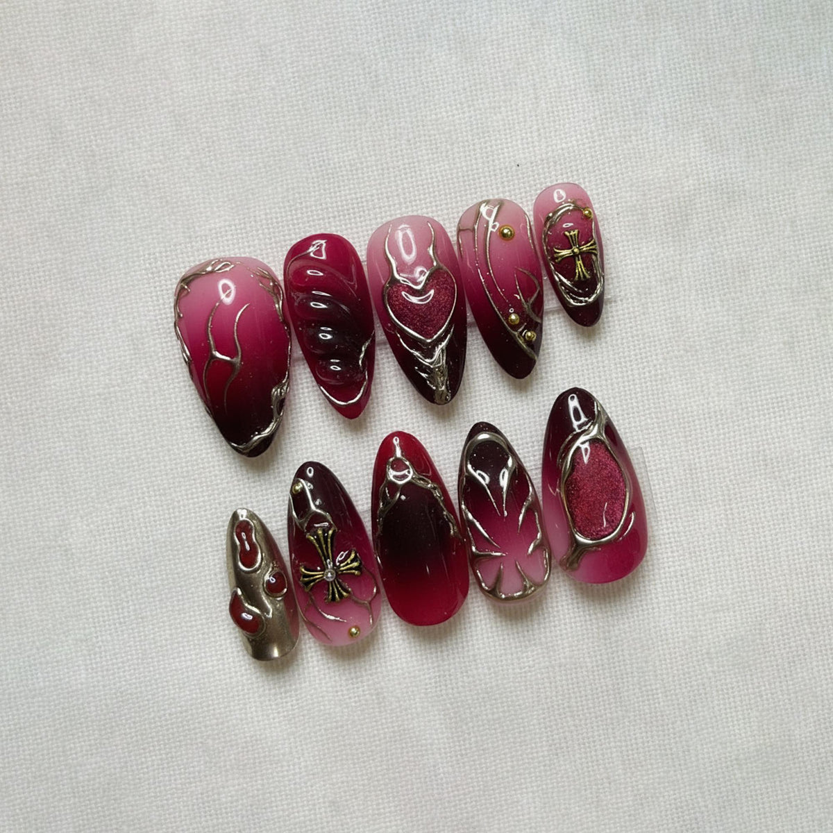 Red Gothic Press On Nails, 3D Chrome Heart Cross Nails, Ombre Dark Aesthetic Nails, Handmade Reusable Fake Nails, Cyber Nails For Dating