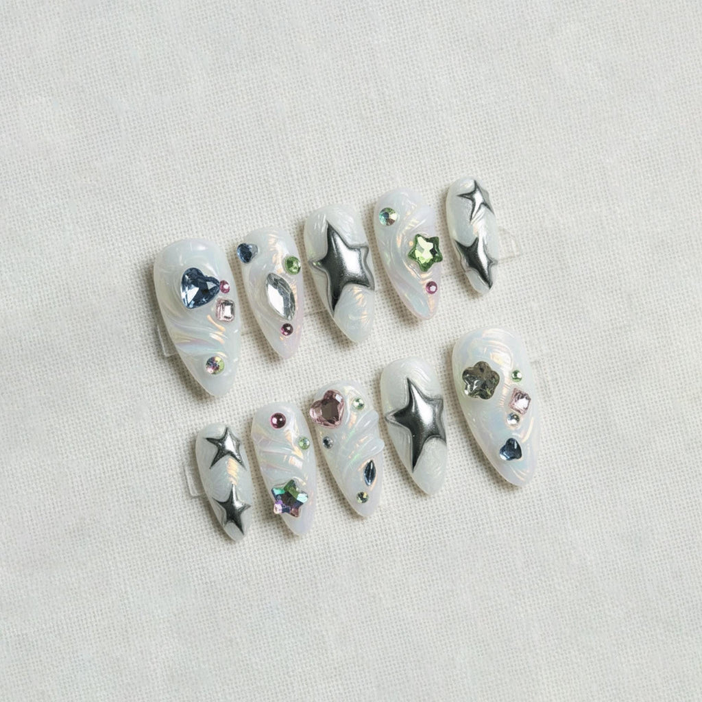 Chrome Star Press On Nails, 3D Silver Metallic Nails, Kawaii Iridescent Gel Nails, Handmade Coquette Nails